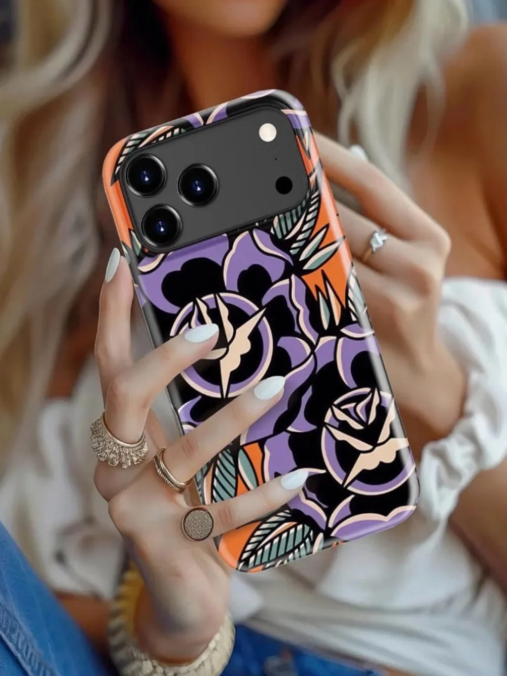 Floral Protective Phone Case for iPhone 17 Pro Max - Purple & Orange